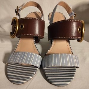 Coach Blue & White Striped & Brown Leather Sandal Shoes 7B